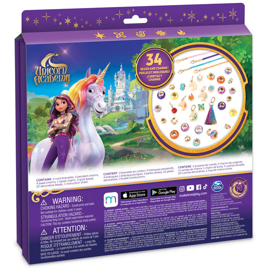 Unicorn Academy Charm Bracelet DIY Jewelry Making Kit box showing a girl with purple hair on a unicorn with castle in background, includes 34 beads and charms,