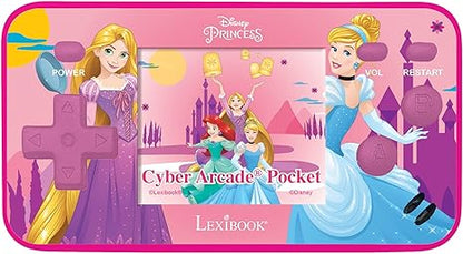 Disney Princess Compact Cyber Arcade handheld gaming console with pink clamshell design featuring Rapunzel, Cinderella, and other Disney Princesses with castle