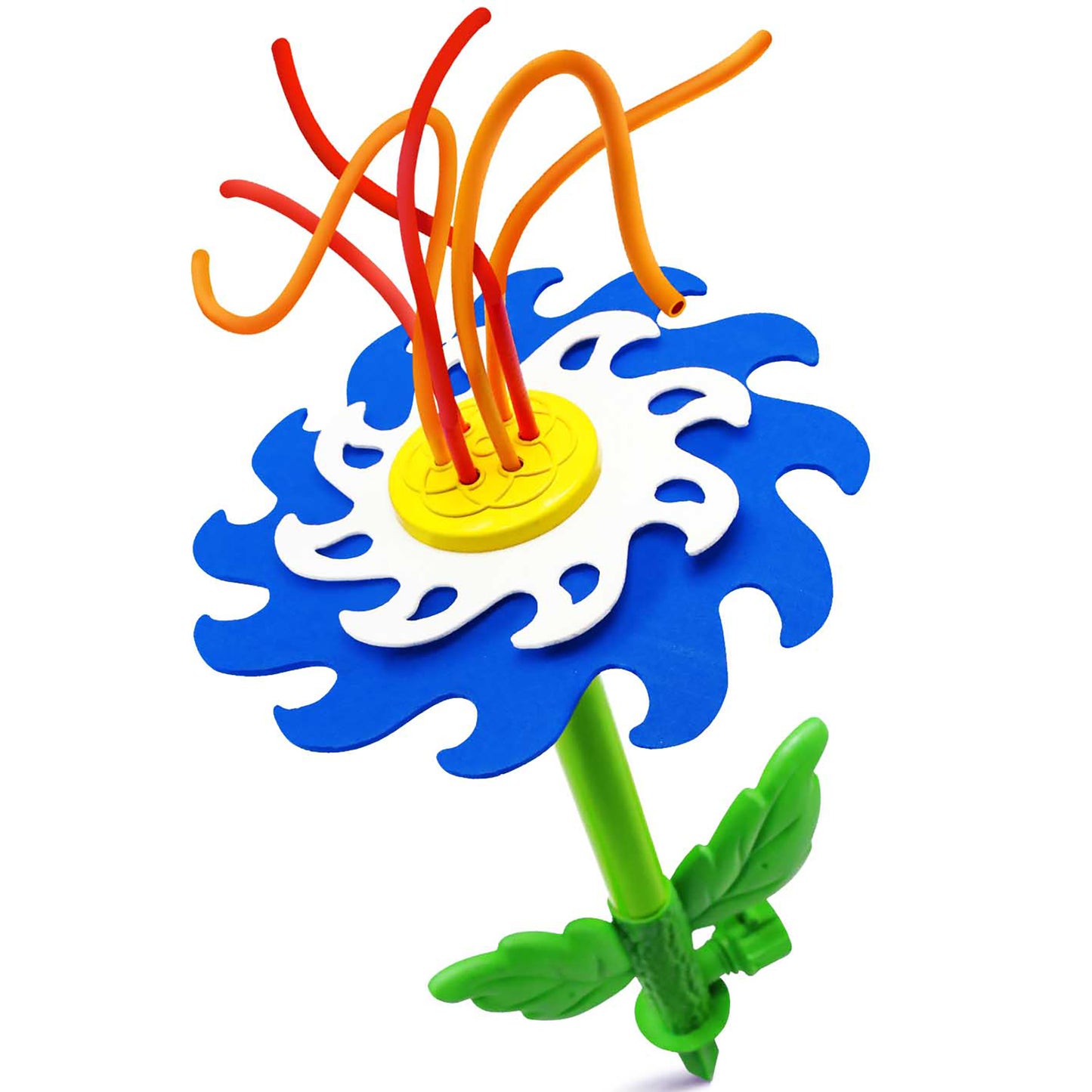 Whip Splash Sprinkler toy with blue flower petals, yellow center, red and orange whip attachments