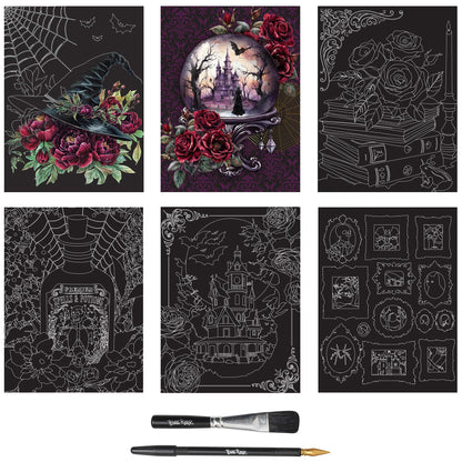 Scratch Art Paper Pad Witching Hour with 6 designs, brush and stylus tools