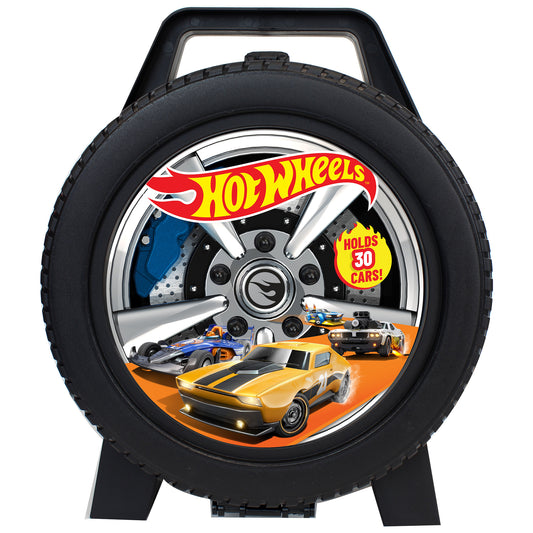 Hot Wheels 30-car portable storage case shaped like a black tire with handle, featuring Hot Wheels logo and colorful die-cast cars displayed on orange backgroun