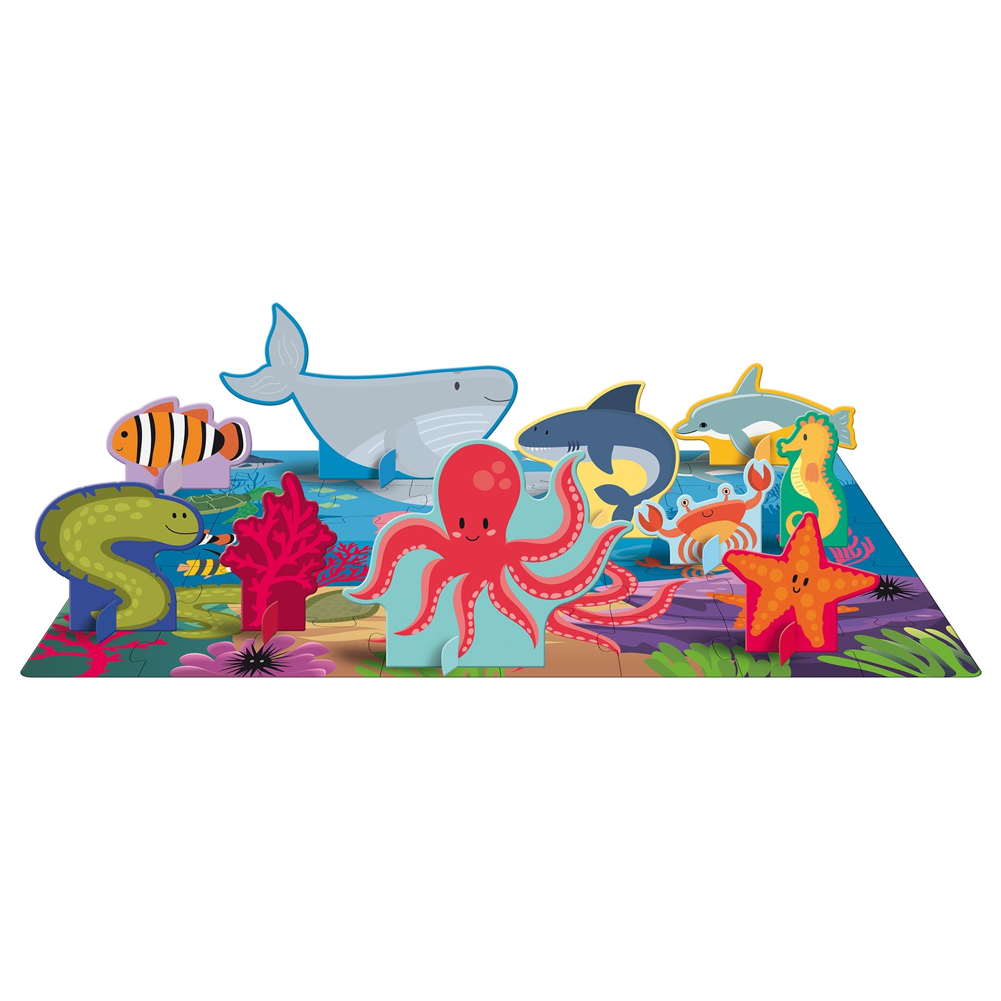 Colorful underwater scene puzzle with octopus, whale, shark, seahorse, starfish, eel, striped fish, and coral on ocean floor base