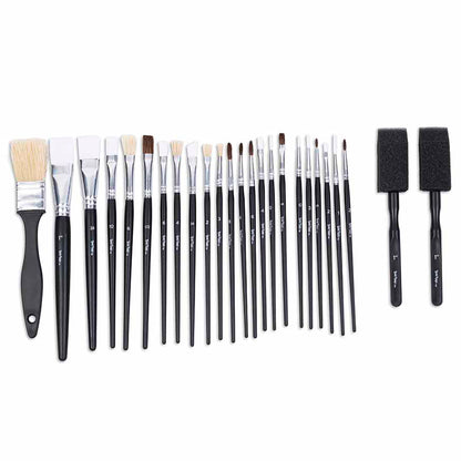 Brush Set Value Pack 25pc with black handles and natural bristles for painting