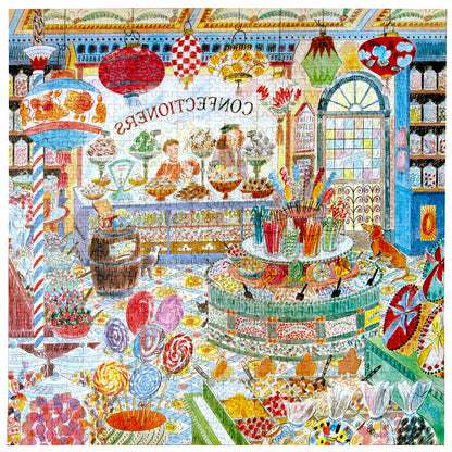 Piece&Love Sweet Shoppe 1000 pc Puzzle featuring colorful candy shop scene