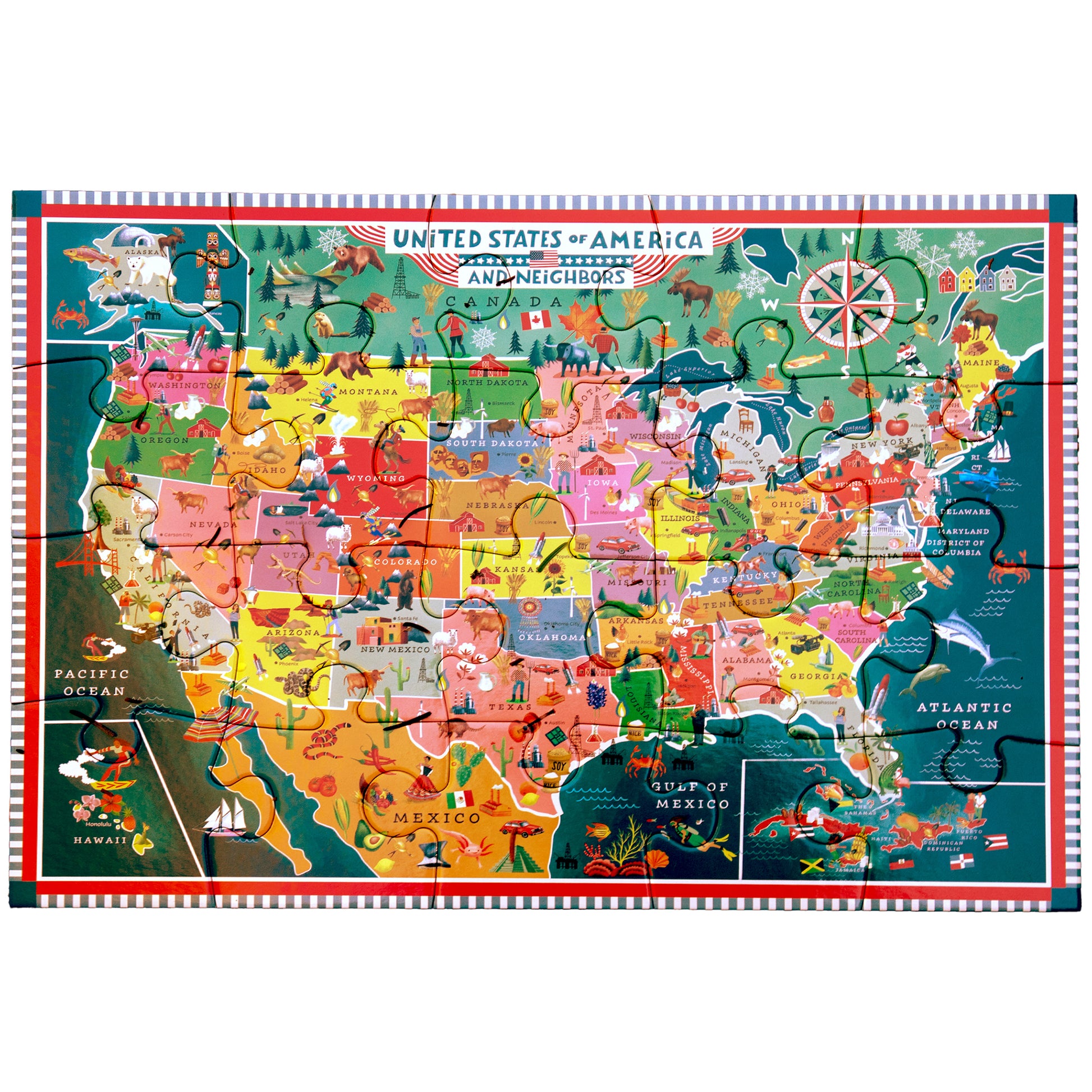 20 Piece Puzzle USA Map featuring colorful illustrated states with landmarks, animals, and regional icons