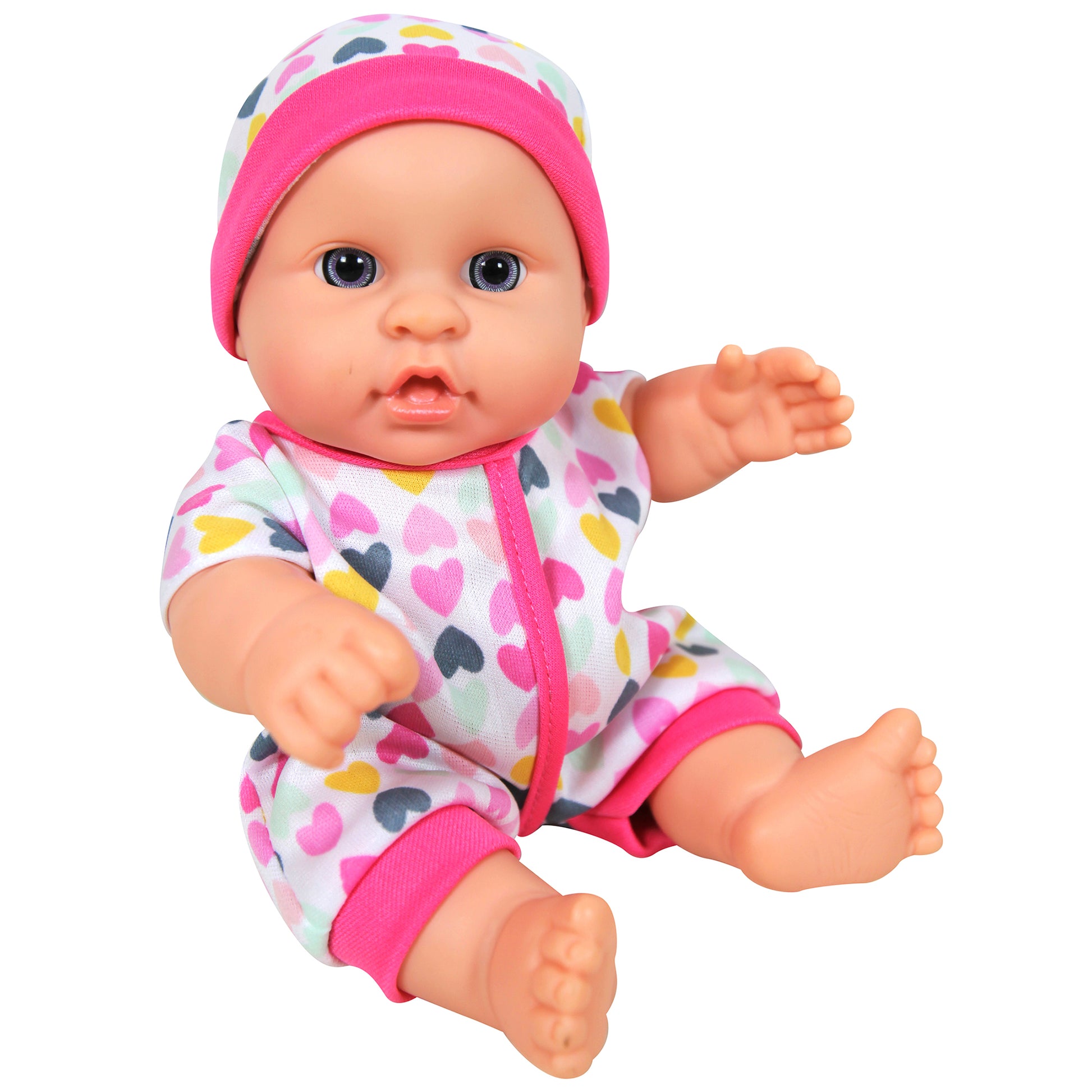 8 inch Baby Doll Set with pink heart outfit, hat, and accessories