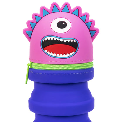 Pink Monster Retractable Pencil Case with blue spikes, wide open mouth, and blue base