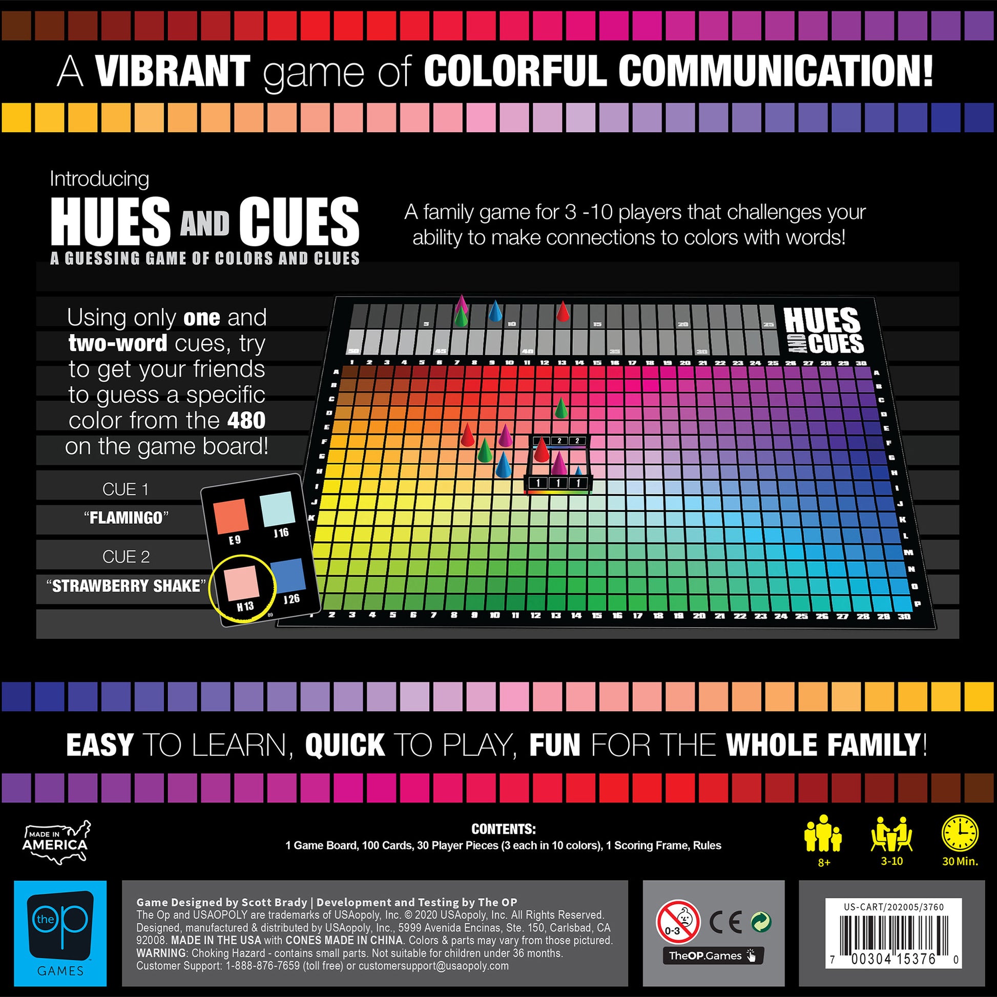 Hues and Cues board game showing colorful 480-color grid with player pieces and cards for family guessing game