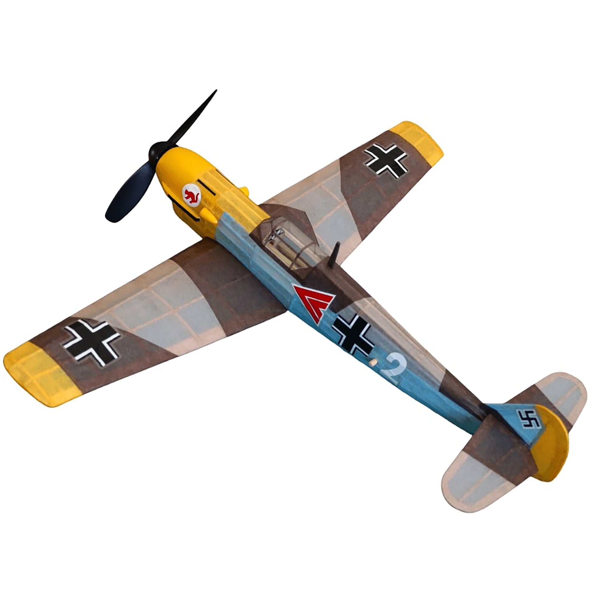 Messerschmitt BF-109 flying model kit with yellow fuselage, brown wings, and German military markings