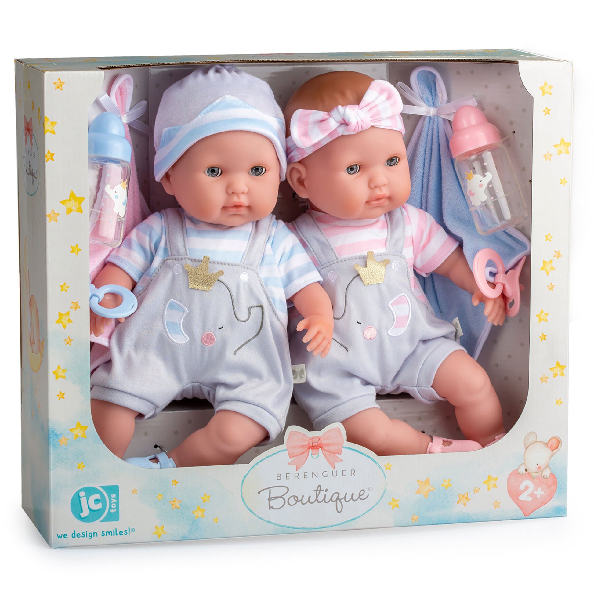 JC Toys Twin Nonis Boutique 15" baby dolls with pink and blue outfits, accessories, and open/close eyes