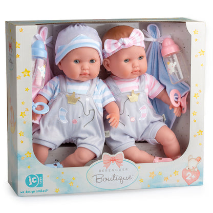 JC Toys Twin Nonis Boutique 15" baby dolls with pink and blue outfits, accessories, and open/close eyes