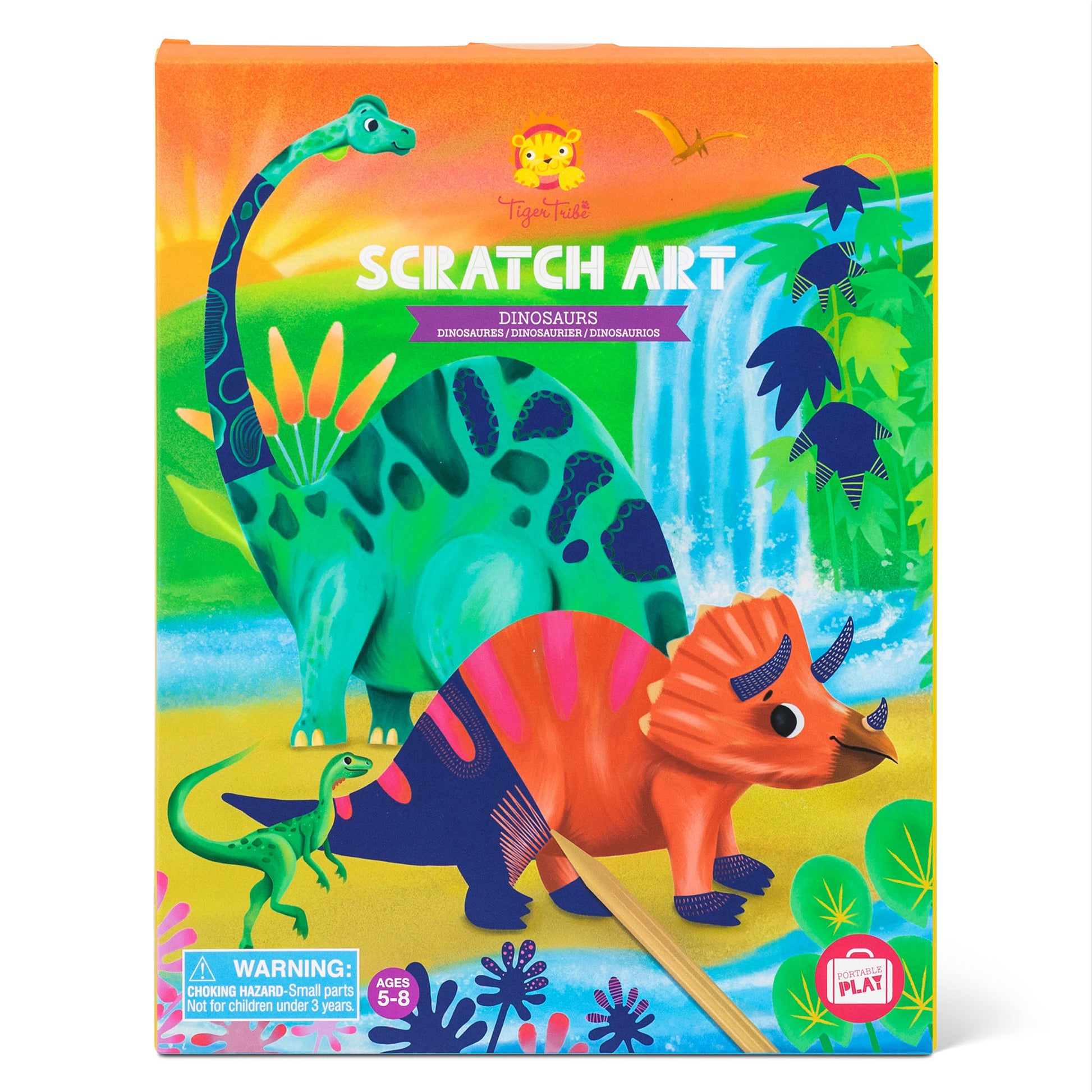 Tiger Tribe Dinosaur Scratch Art Kit box showing colorful dinosaur illustrations with scratch-off surfaces and wooden stylus tool, ages 5-8