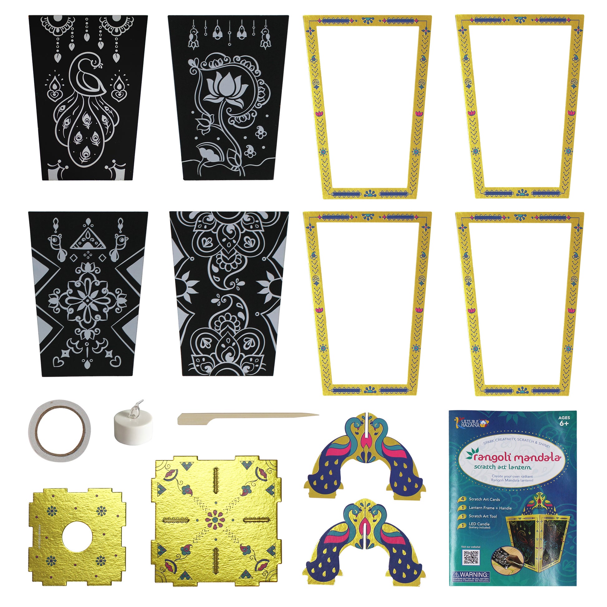 Rangoli Mandala Scratch Art Lantern craft kit with black designs, gold frames, and colorful bird handles