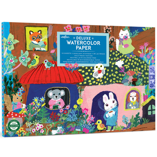 eeBoo Deluxe Watercolor Paper Pad with colorful illustrated mushroom house and animals
