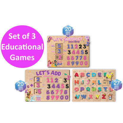 Disney Princess Set of 3 Educational Games with colorful puzzle pieces for learning addition, subtraction, and letters