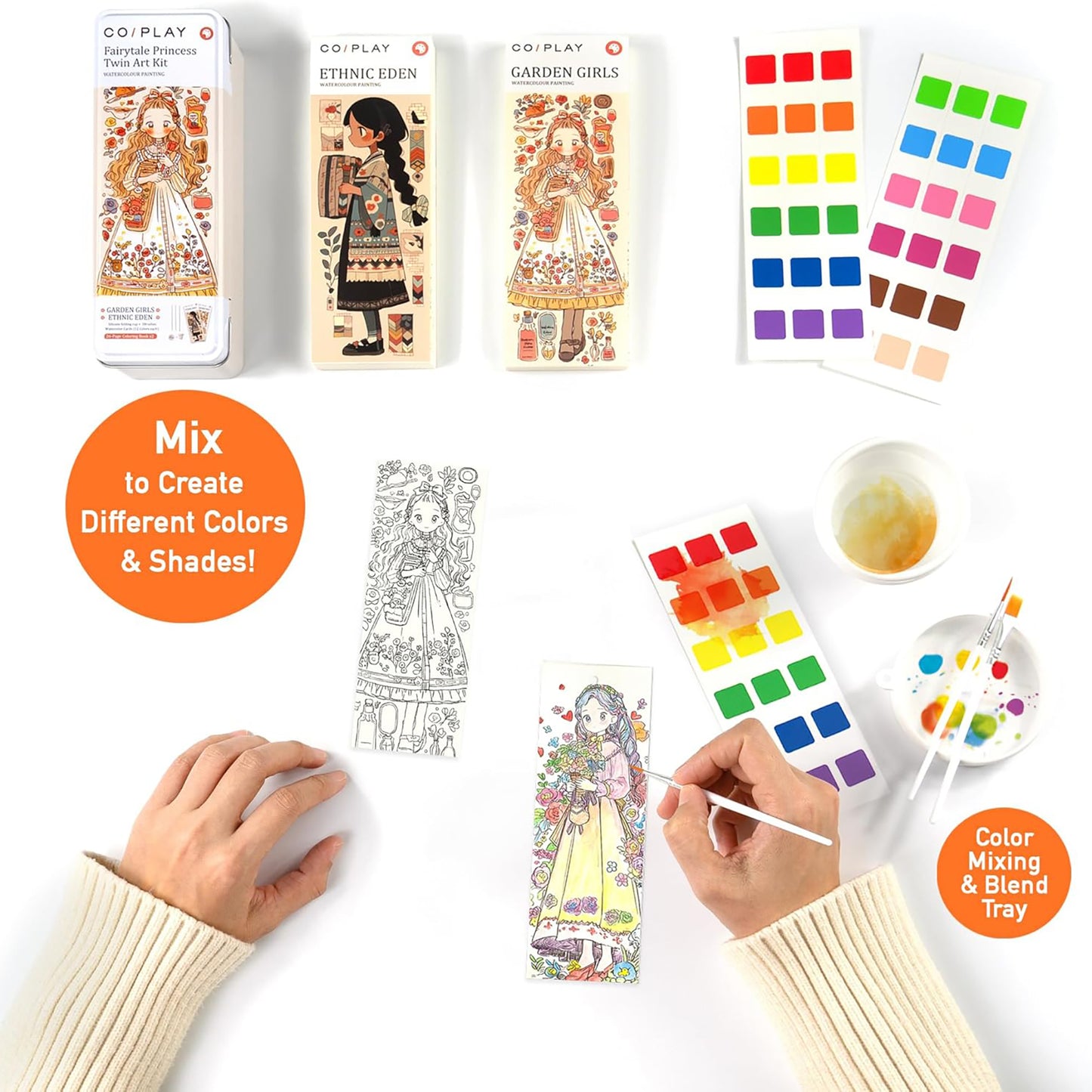 COIPLAY Watercolor Art Kit Fairytale Princess with coloring pages, paint palette, and brush