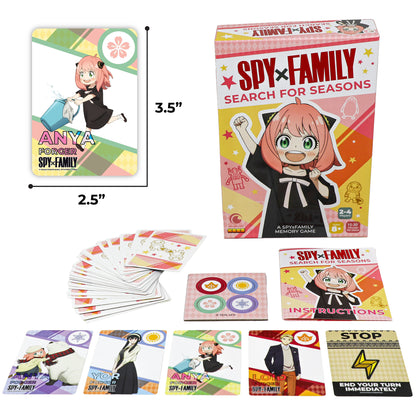 Spy x Family Search for Seasons memory game box with cards, spinners, and character tokens featuring Anya and family