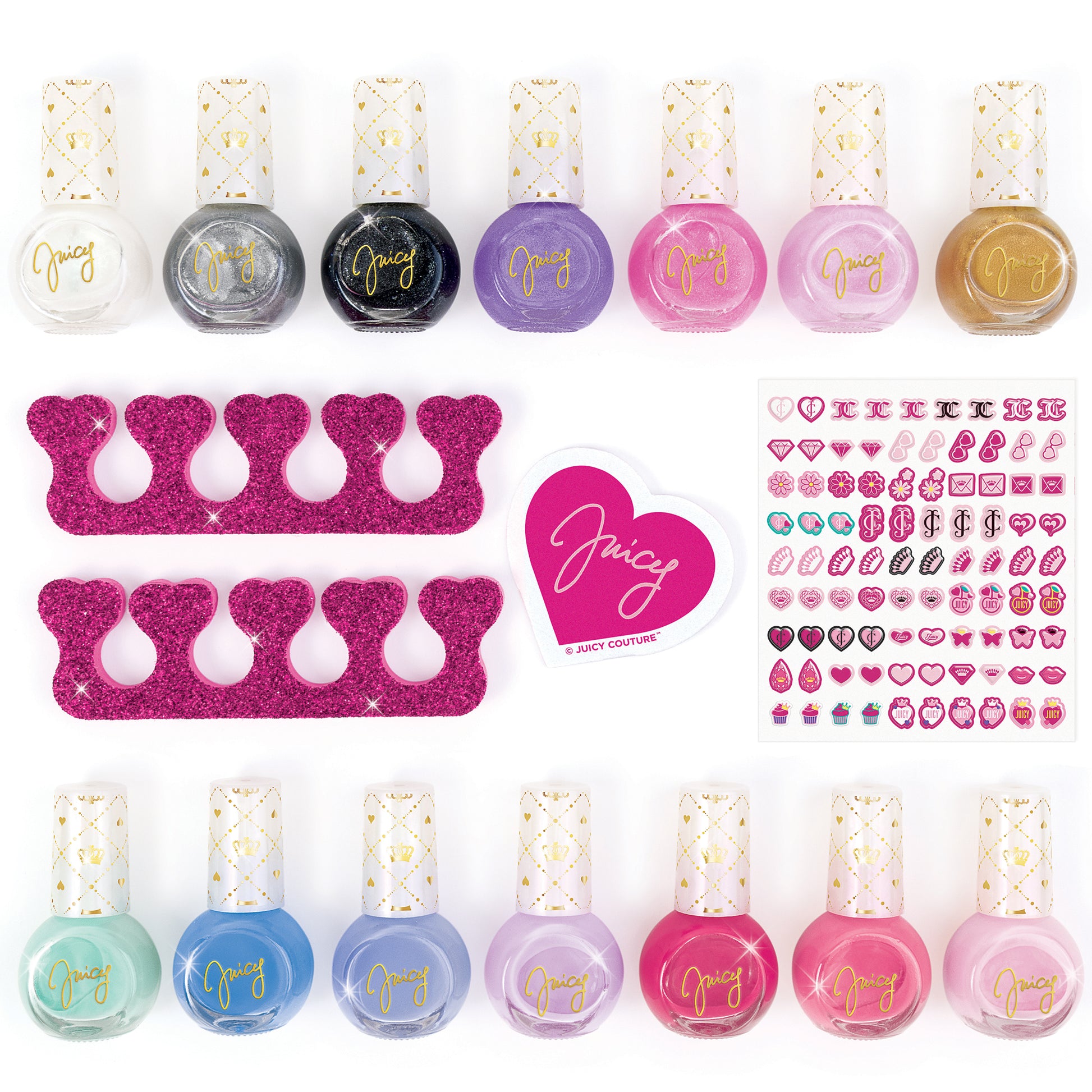 Juicy Couture Nail Polish set with 14 colorful bottles, toe separators, and nail stickers