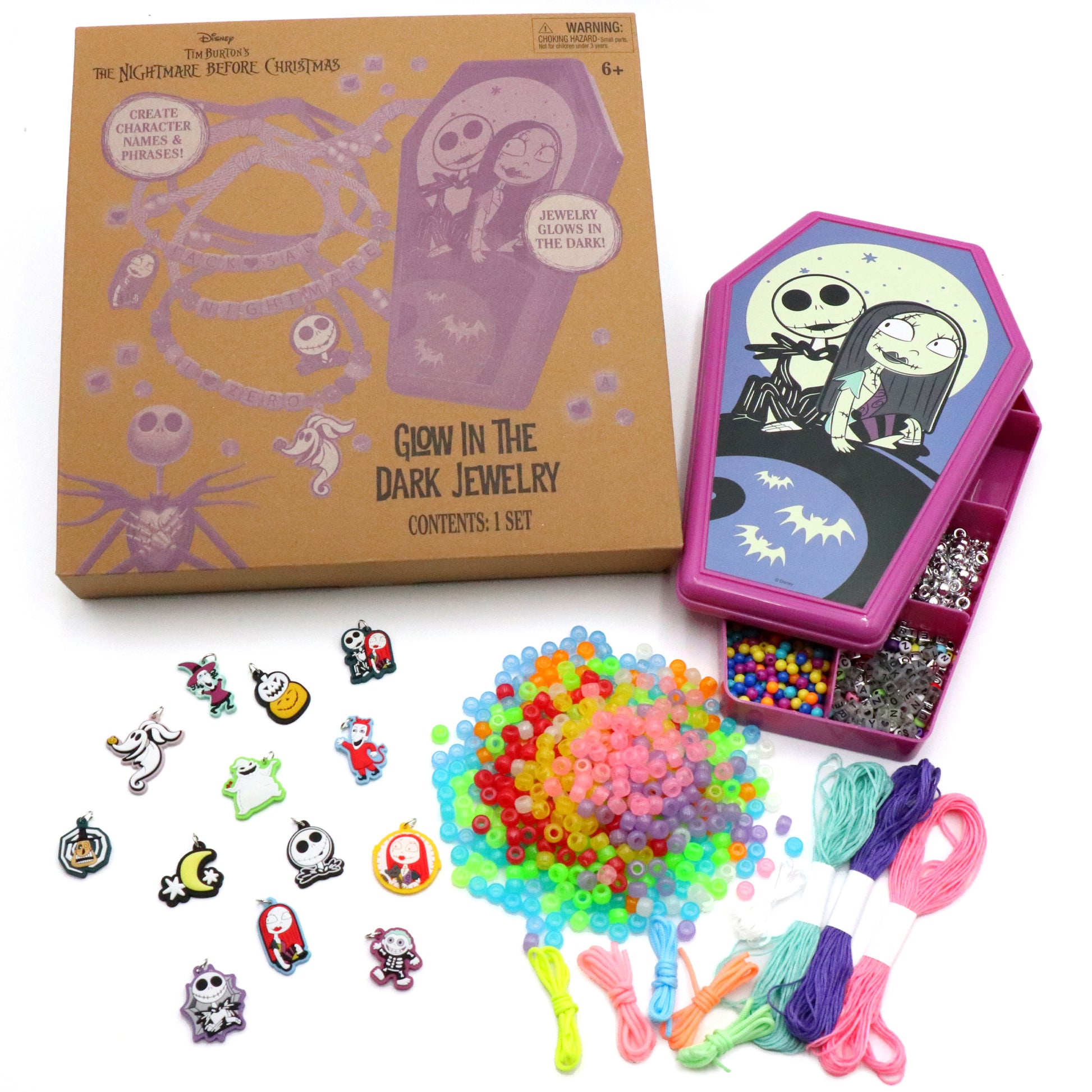 Nightmare Before Christmas glow-in-the-dark jewelry activity set with beads, charms, and string