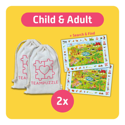 TEAMPUZZLE On the Farm 194pc puzzle with 2 difficulty levels, includes storage bags and search cards