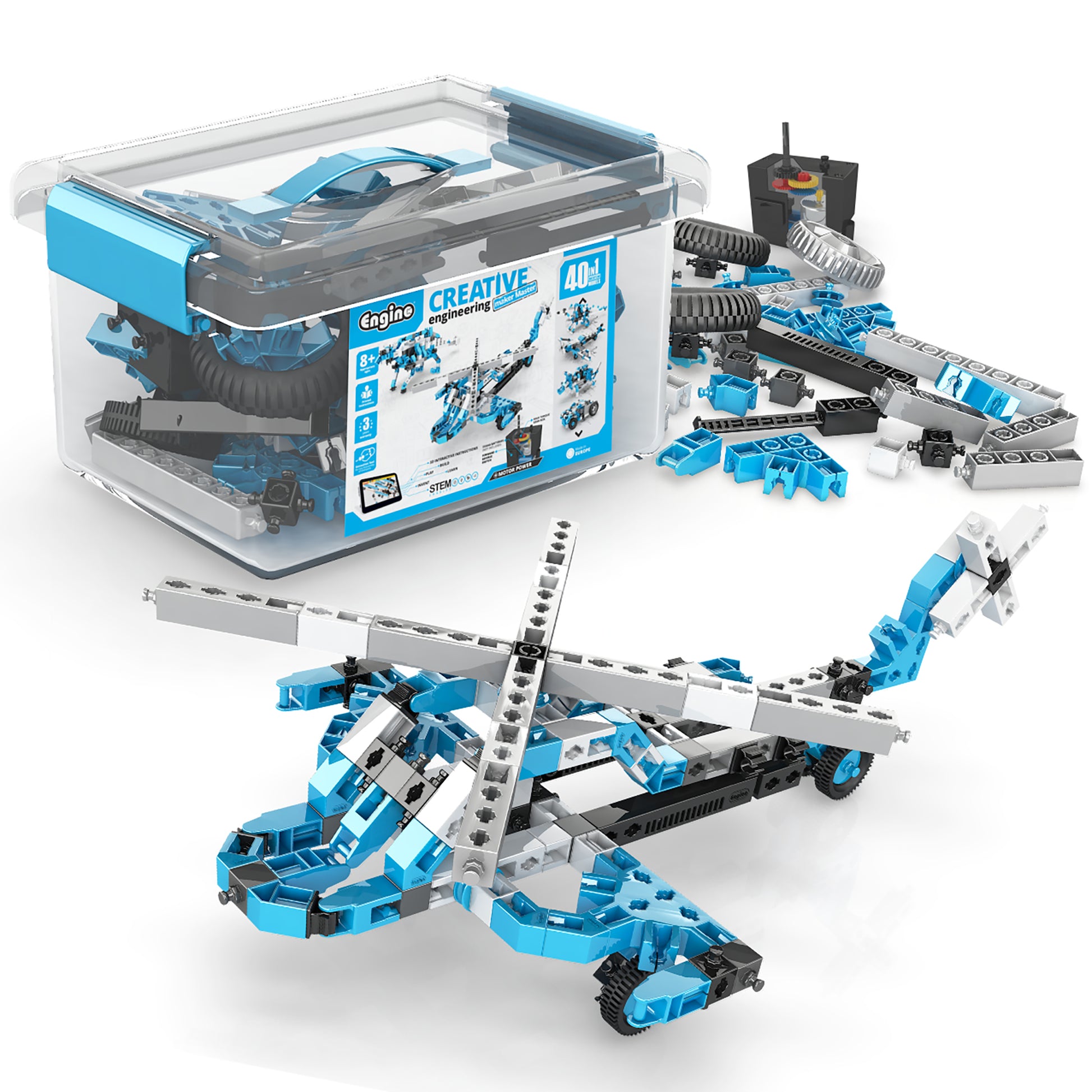 Engino Creative Engineering 40-in-1 motorized STEM building set with blue and white brick pieces, remote control, and...
