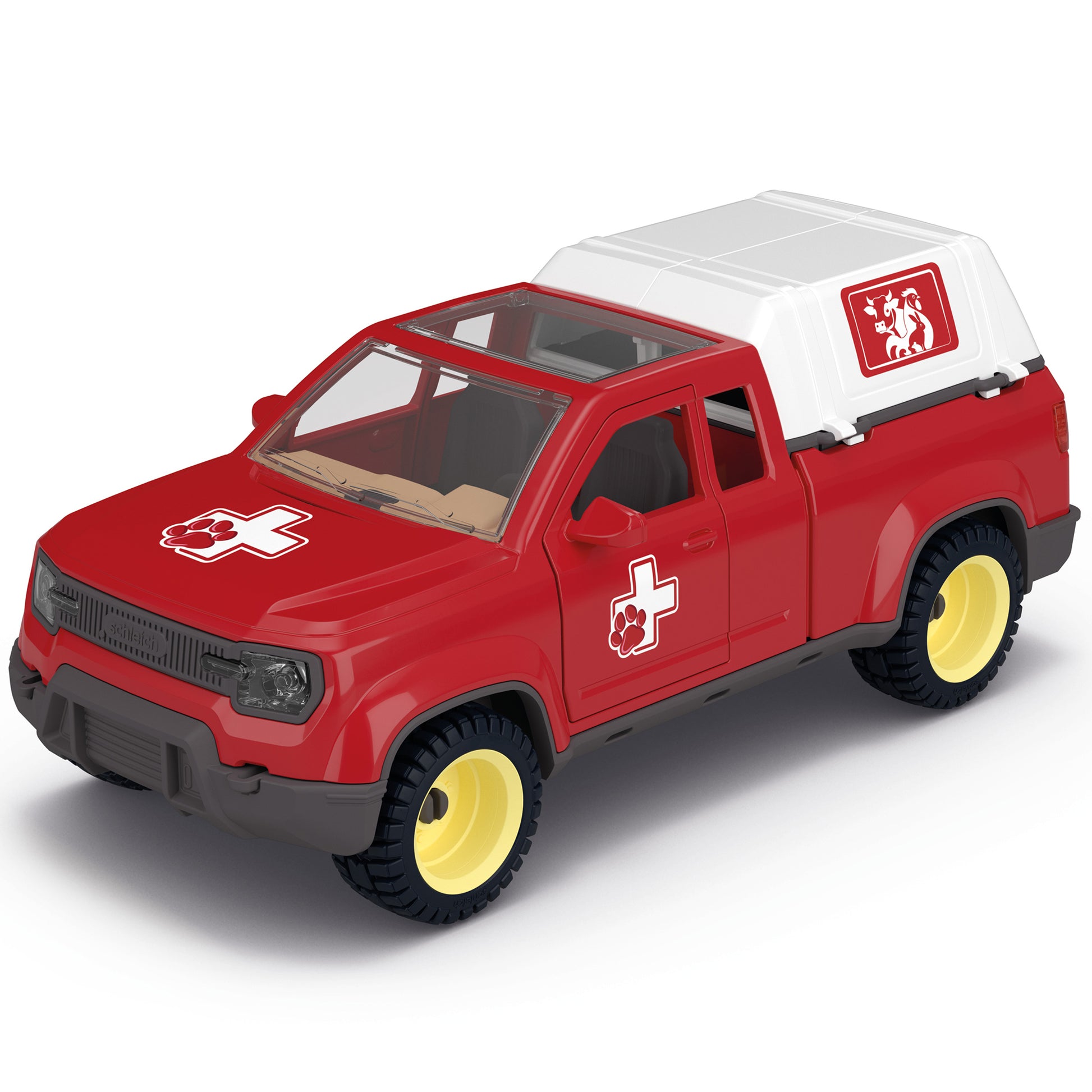 Farm World Veterinarian Pick-Up red toy truck with white canopy and yellow wheels