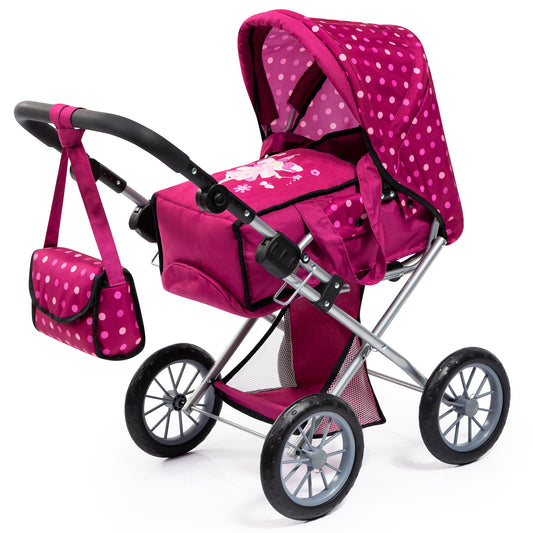 Magenta doll pushchair with white polka-dot canopy, matching shoulder bag, black handle, silver frame, and black wheels