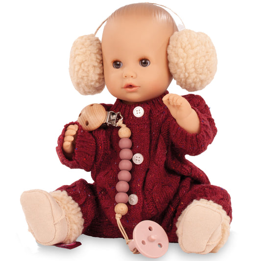 Jubilee Sleepy Aquini 13 inch doll with burgundy outfit and cream earmuffs