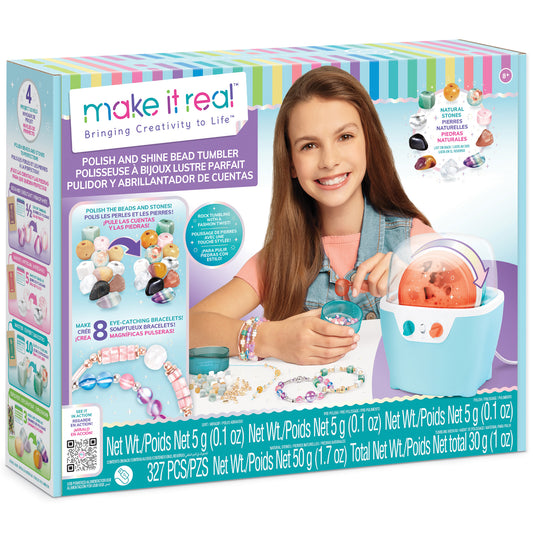 Make It Real Polish and Shine Bead Tumbler craft kit modeled by a child, showing turquoise tumbler device with beads, natural stones, and finished beaded bracel
