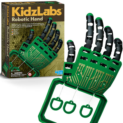 KidzLabs Robotic Hand kit showing green circuit board base with black articulated fingers and white grip pads, displayed next to product box