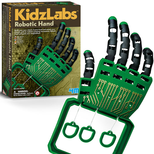 KidzLabs Robotic Hand kit showing green circuit board base with black articulated fingers and white grip pads, displayed next to product box