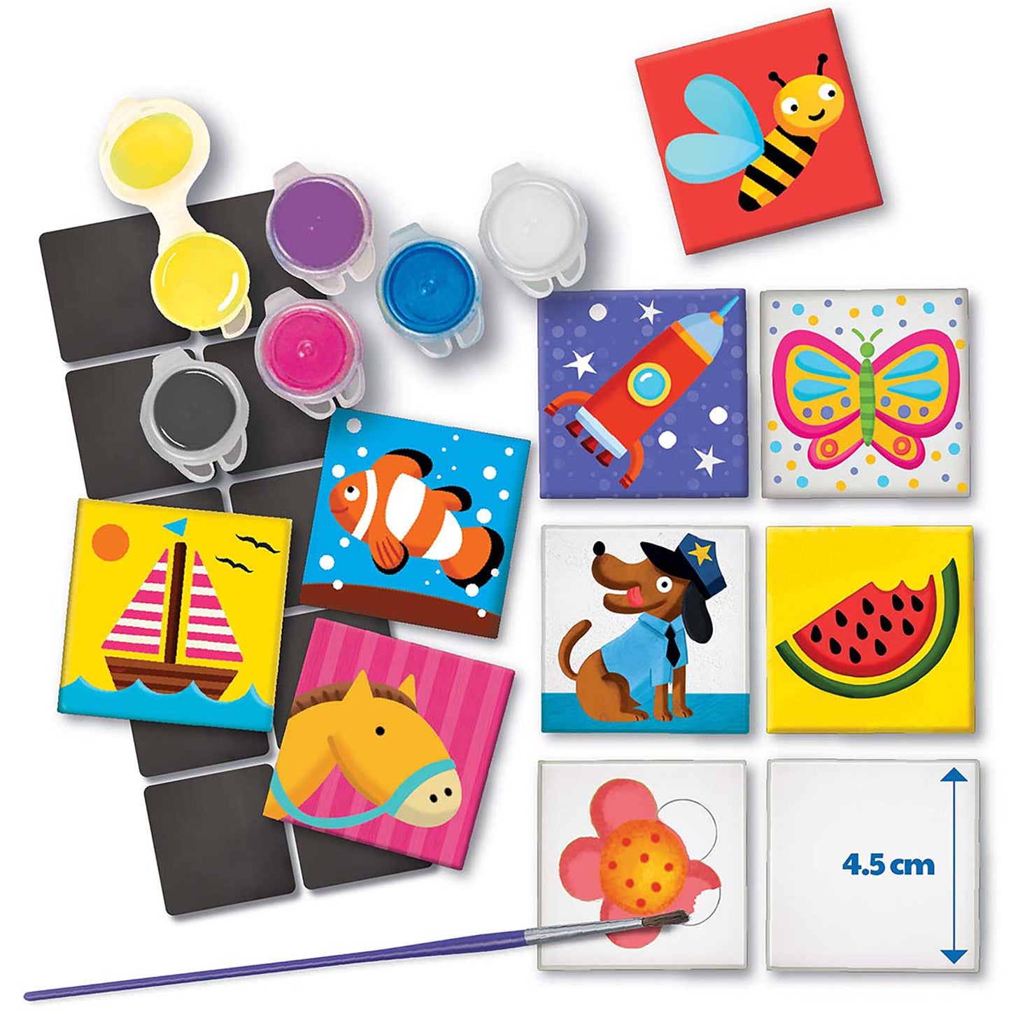 Magnetic Mini Tile Art set with colorful paint pots, brush, and pre-printed tiles featuring bee, rocket, butterfly, a...