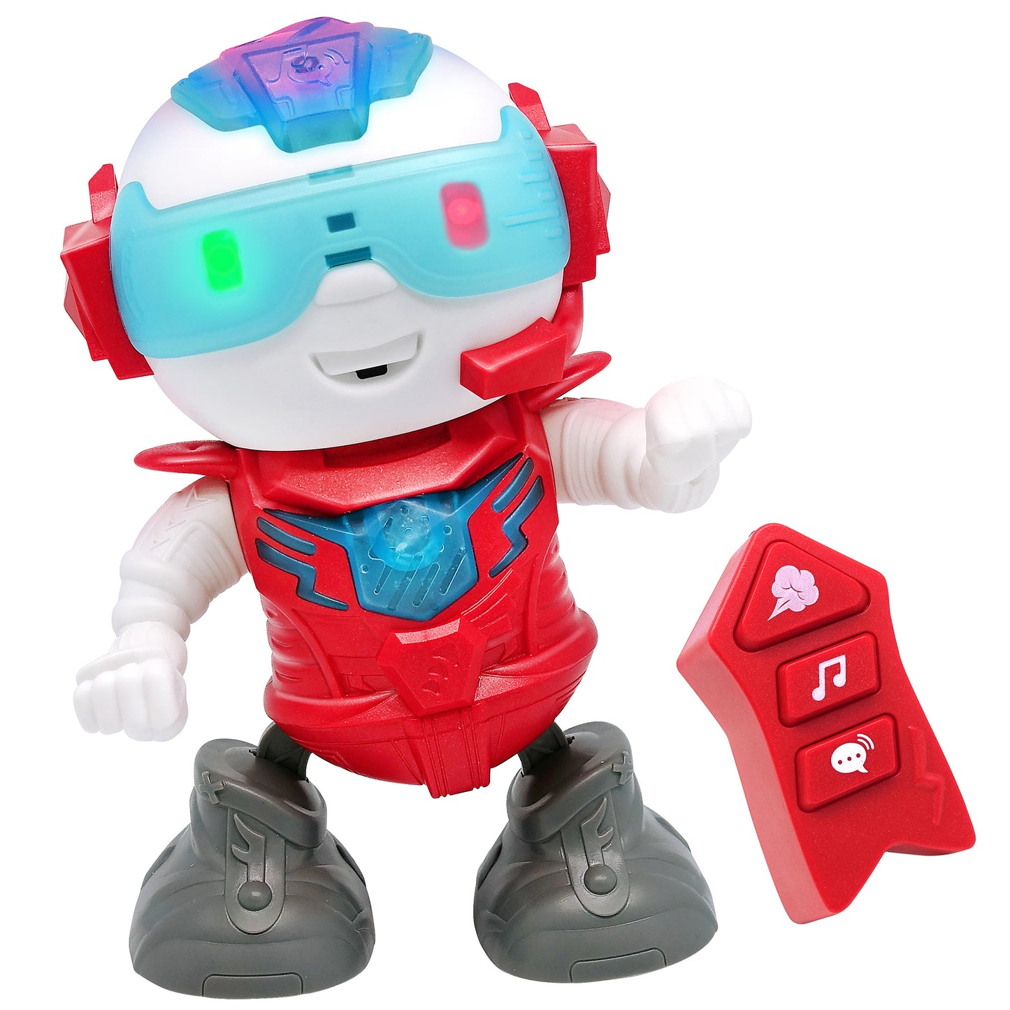 ChatiBot Red robot toy with light-up blue visor, red armor, white gloves, and remote control