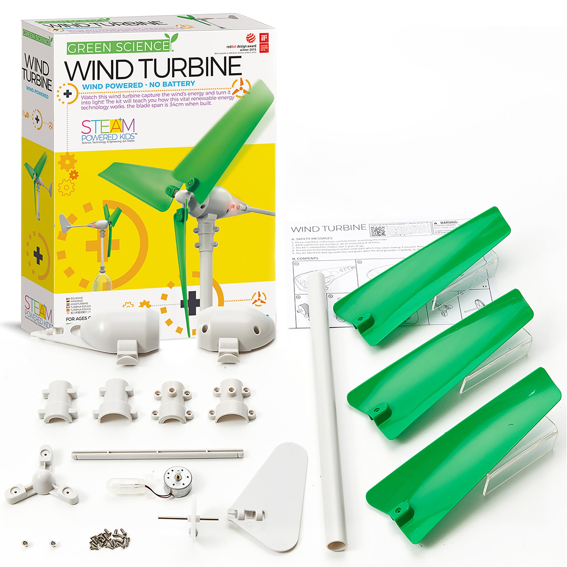 Green Science Wind Turbine STEAM kit with green blades, white base, and assembly components