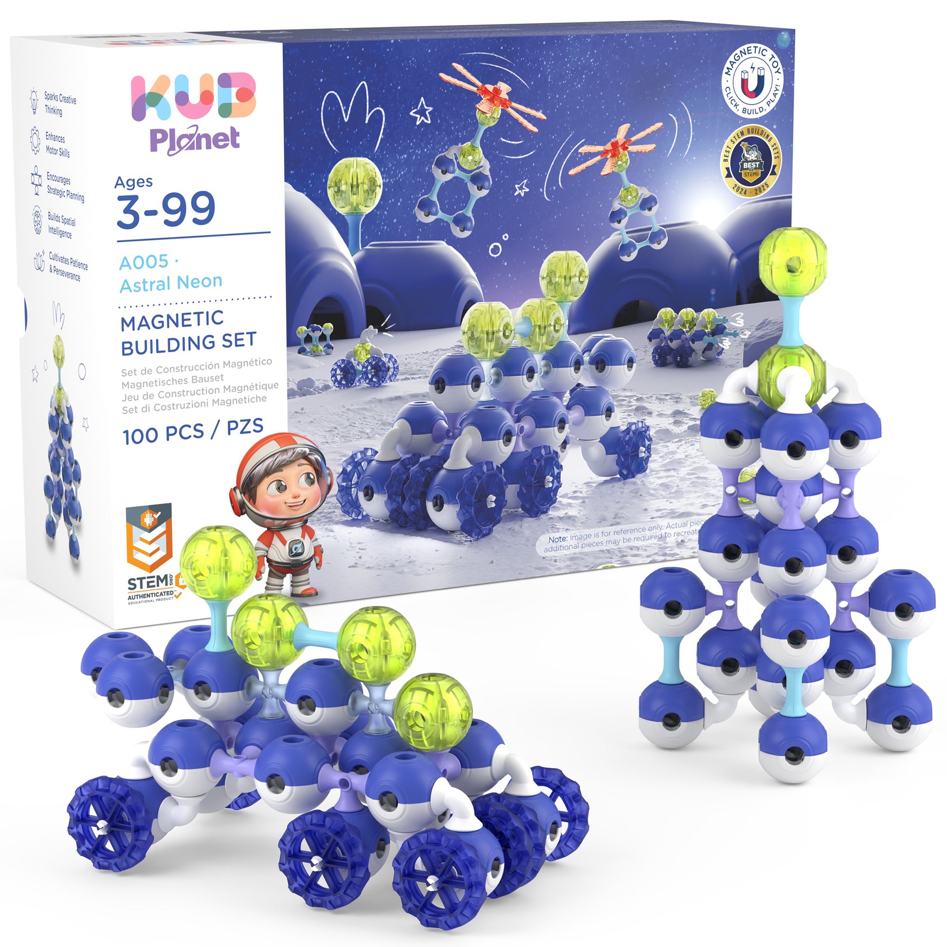KUB Planet Astral Neon magnetic building set with 100 blue and neon green pieces for ages 3+
