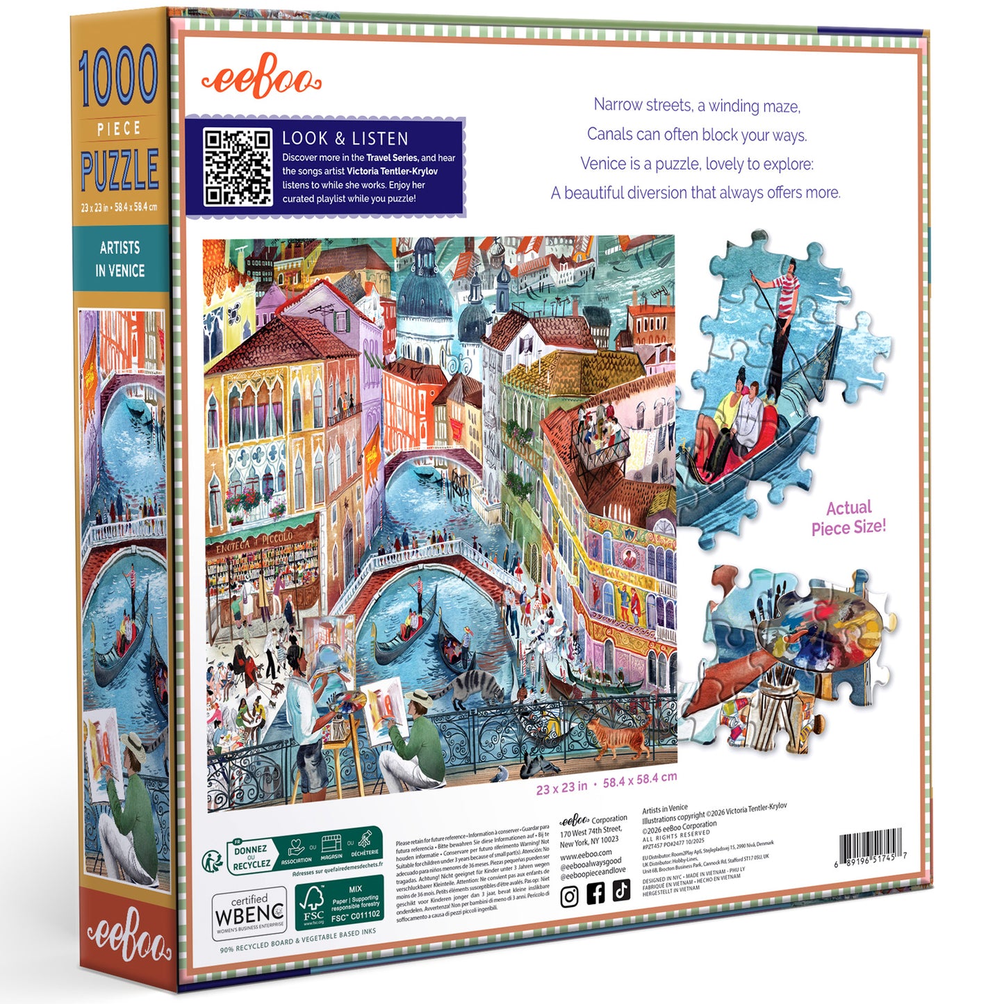 eeBoo Artists in Venice 1000 Piece Puzzle with colorful illustrated box showing gondolas and canal scenes