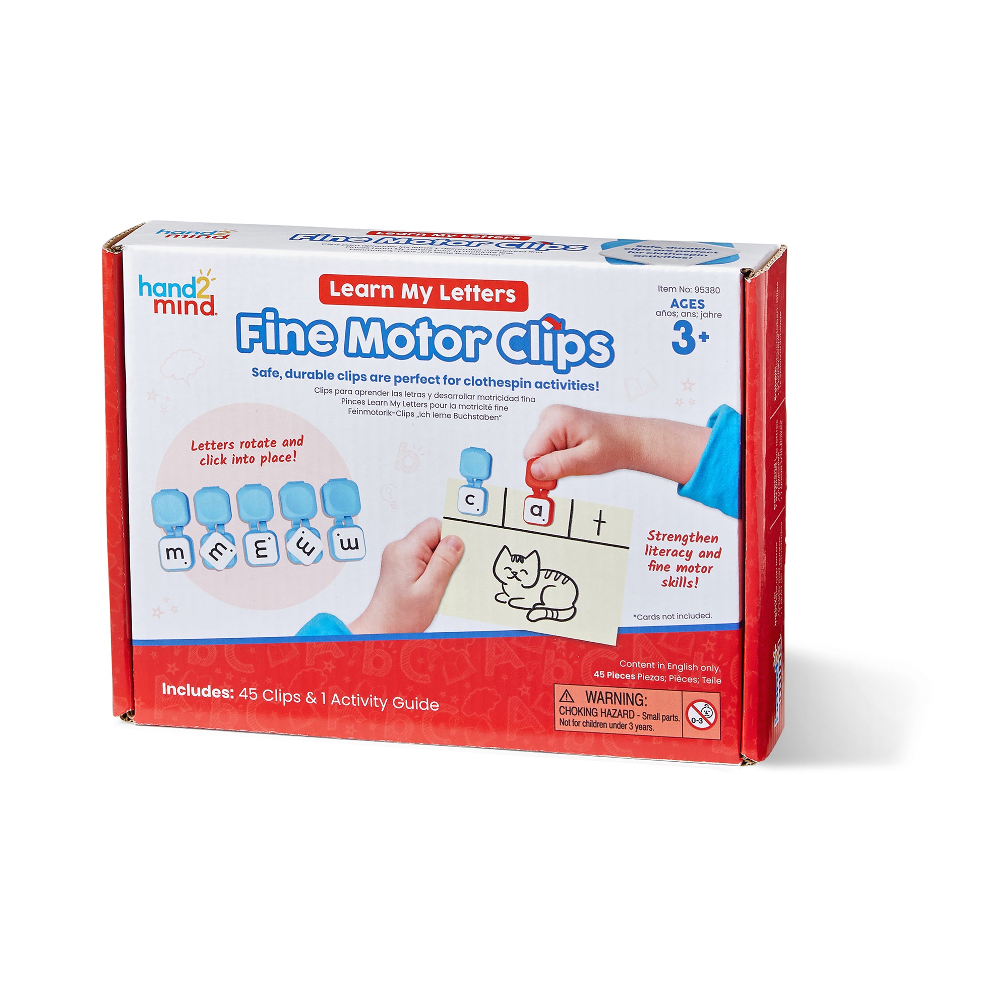 Hand2Mind Learn My Letters Fine Motor Clips package showing blue letter clips, rotating mechanism, and activity card with cat drawing, ages 3+