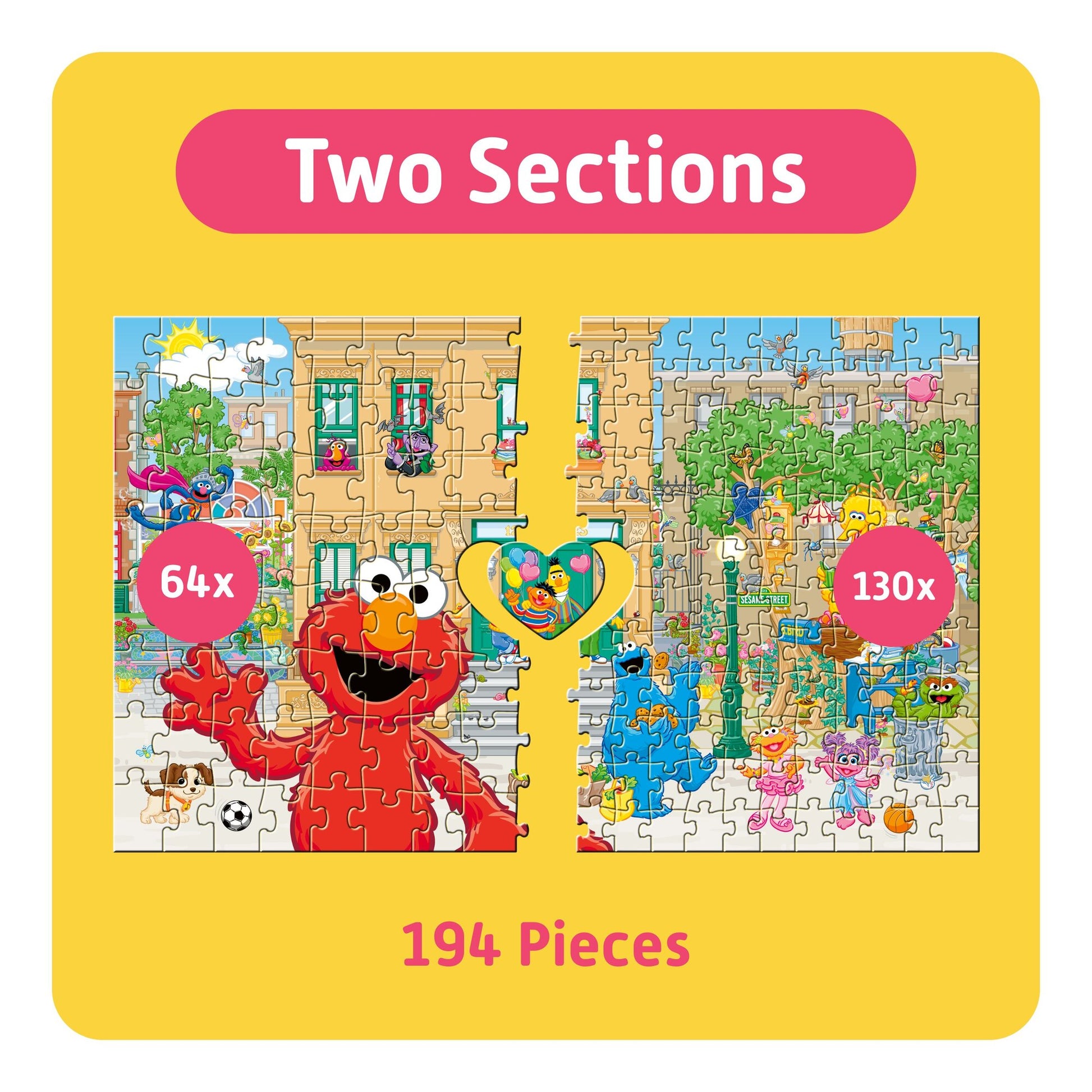 Sesame Street 194-piece puzzle with two sections: 64pc and 130pc difficulty levels featuring Elmo and colorful charac...