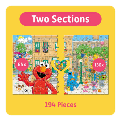 Sesame Street 194-piece puzzle with two sections: 64pc and 130pc difficulty levels featuring Elmo and colorful charac...