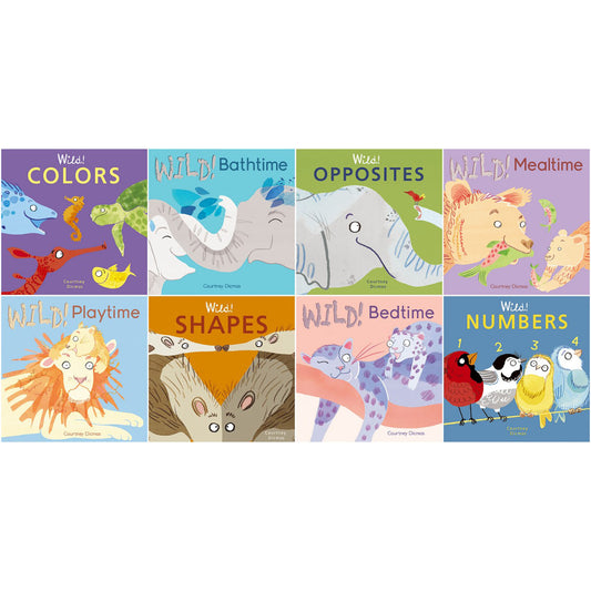 Wild! 8-book board book set with colorful illustrated covers featuring Colors, Bathtime, Opposites, Mealtime, Playtime, Shapes, Bedtime, and Numbers themes by C