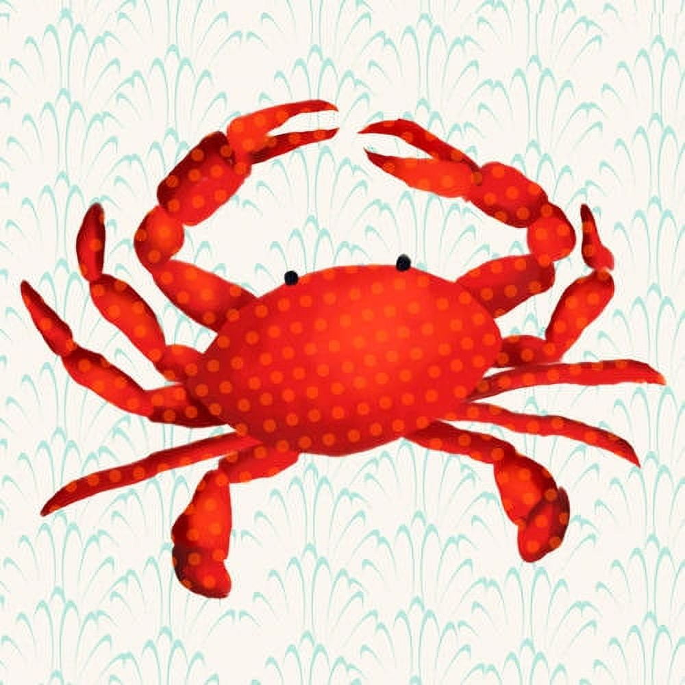 Red crab with black eyes on turquoise leaf pattern background, stretched canvas wall art