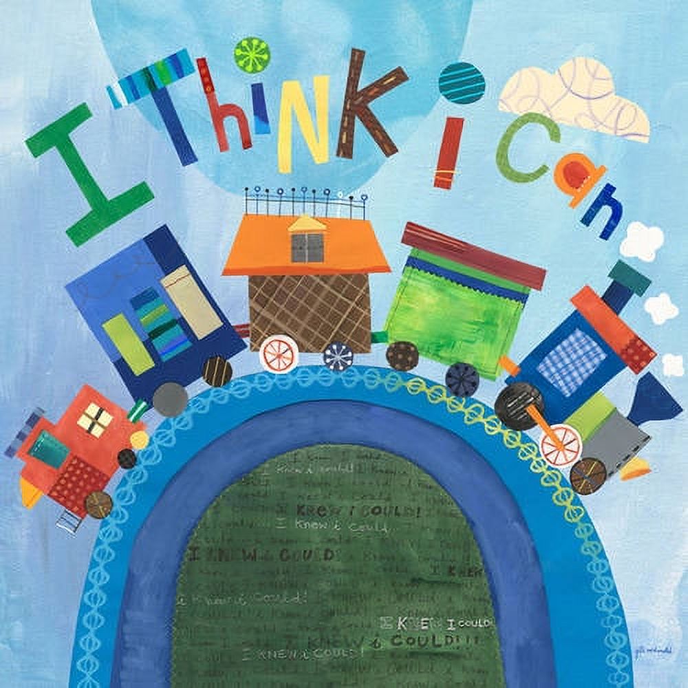 Illustration with colorful text reading "THINK! Can" above a whimsical train with orange roof and green cargo cars on a blue curved track, surrounded by houses,