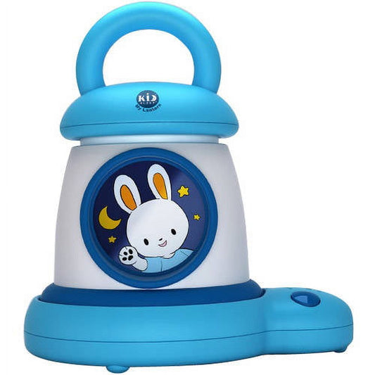 Blue and white multi-functional nightlight lantern with handle, featuring illustration of white bunny with moon and stars on front panel