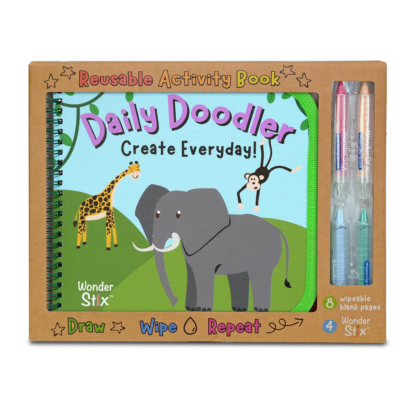 Daily Doodler reusable activity book with spiral binding, featuring animals on green landscape, includes 4 Wonder Stix markers and 8 wipeable blank pages