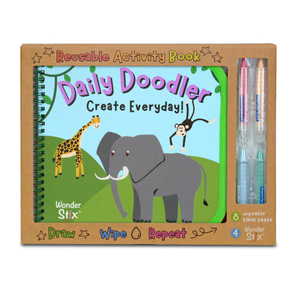 Daily Doodler reusable activity book with spiral binding, featuring animals on green landscape, includes 4 Wonder Stix markers and 8 wipeable blank pages