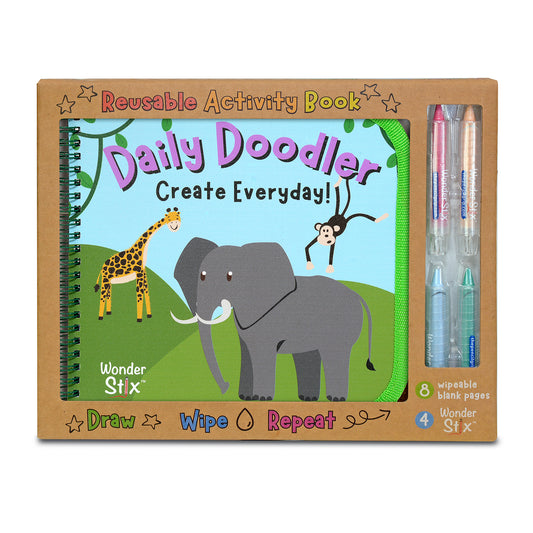 Daily Doodler reusable activity book with spiral binding, featuring animals on green landscape, includes 4 Wonder Stix markers and 8 wipeable blank pages