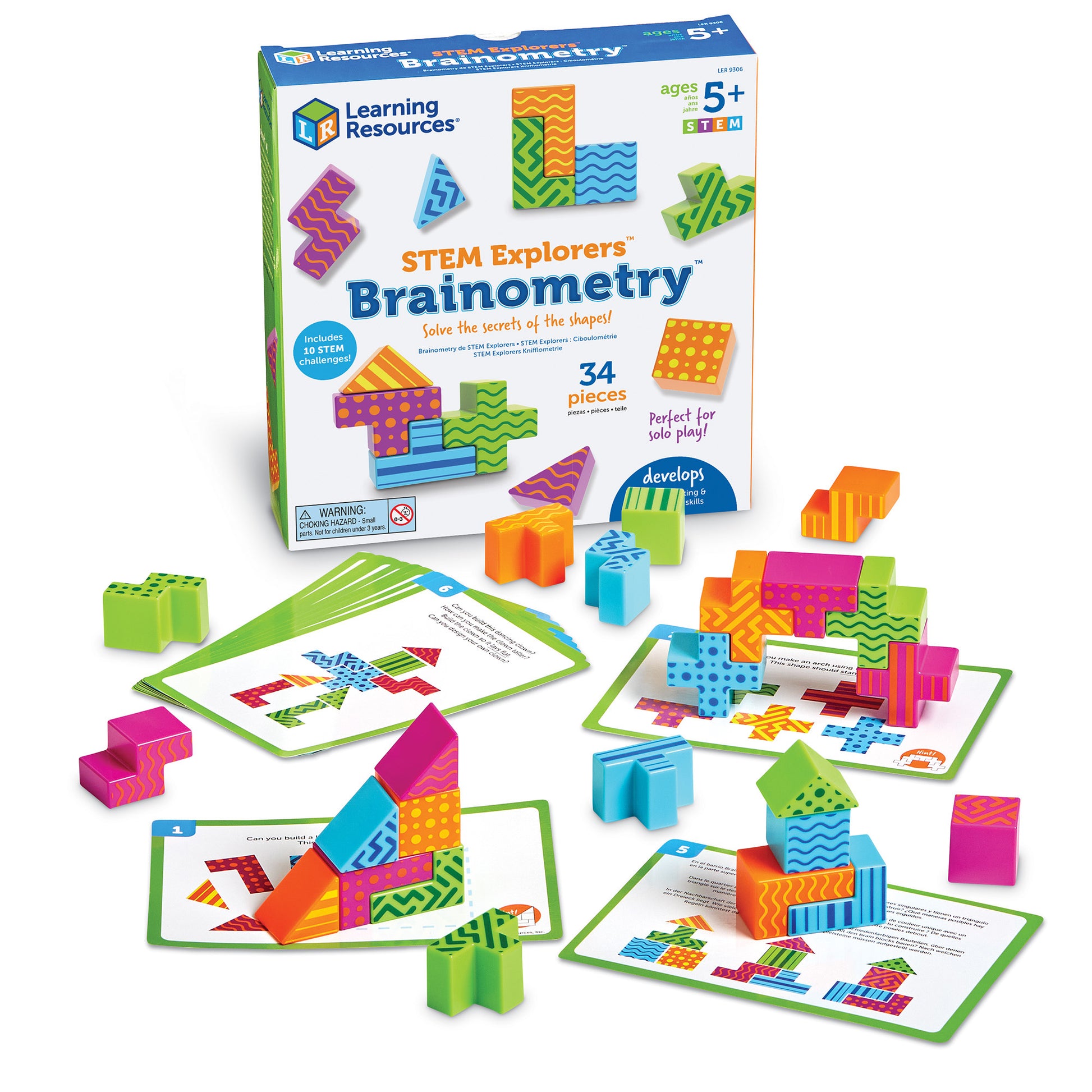 STEM Explorers Brainometry learning set with colorful patterned blocks, activity cards, and box. Ages 5+, 34 pieces included.