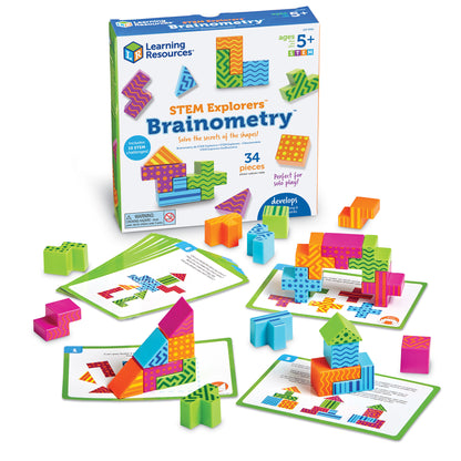 STEM Explorers Brainometry learning set with colorful patterned blocks, activity cards, and box. Ages 5+, 34 pieces included.