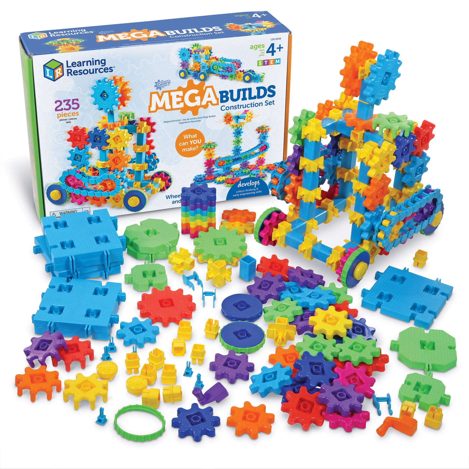 Learning Resources Mega Builds Construction Set with 235 colorful plastic gears, connectors, and wheels in blue, orange, yellow, green, purple, and red, display