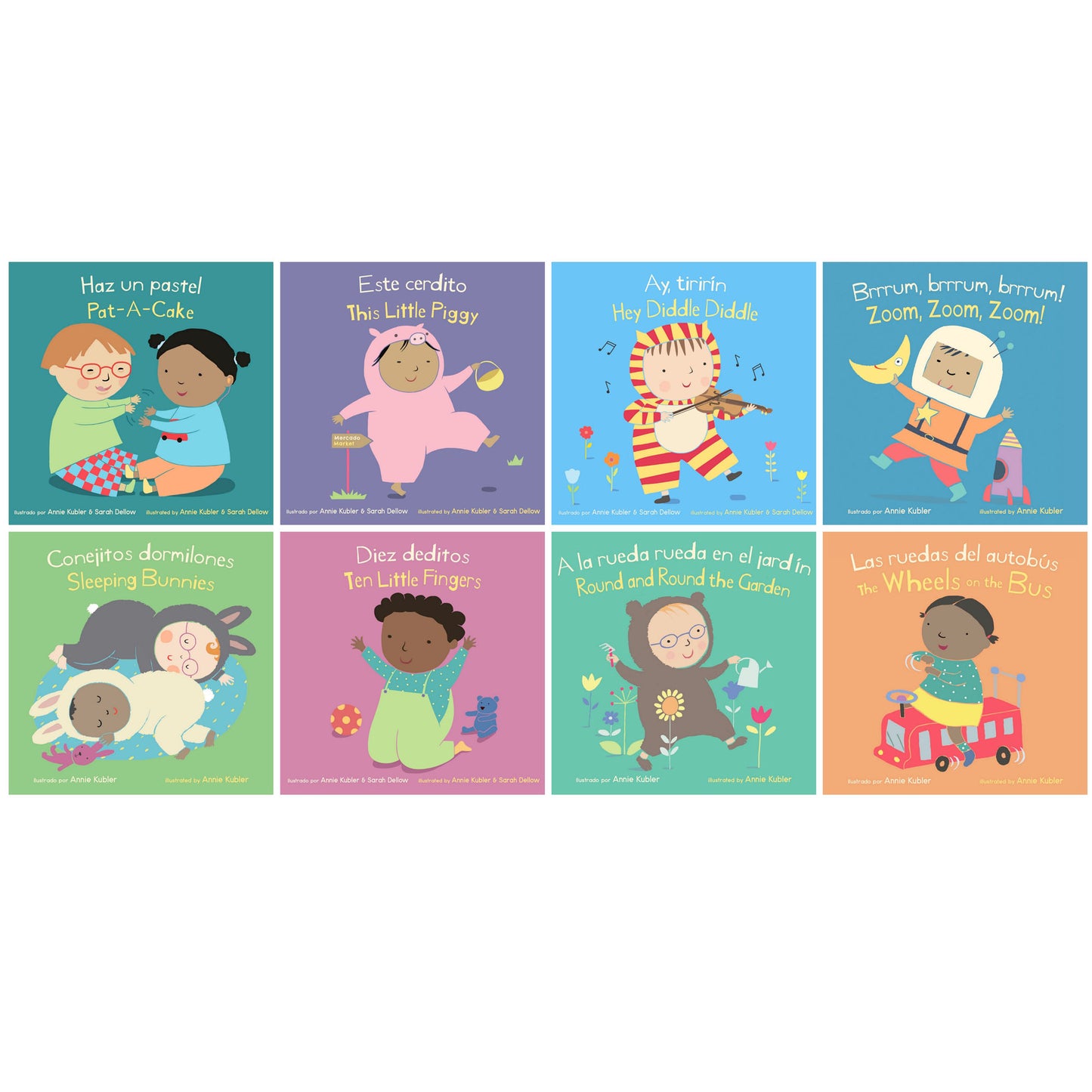 Eight colorful bilingual children's board books with illustrated covers featuring rhyming stories in English and Spanish, including titles like Pat-A-Cake, This